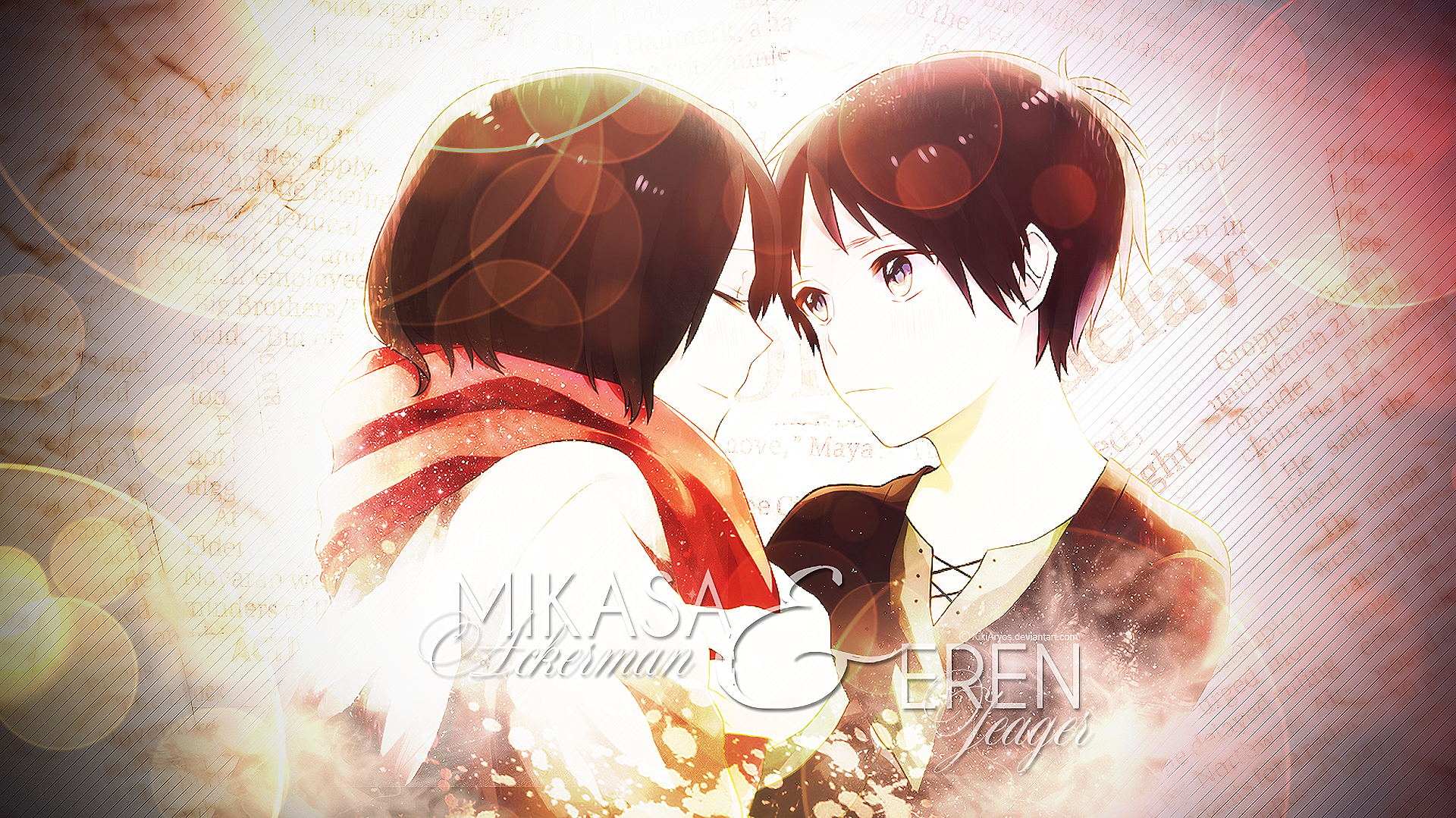 HD anime desktop wallpaper featuring Mikasa and Eren from Attack on Titan in a soft, glowing background with warm tones.