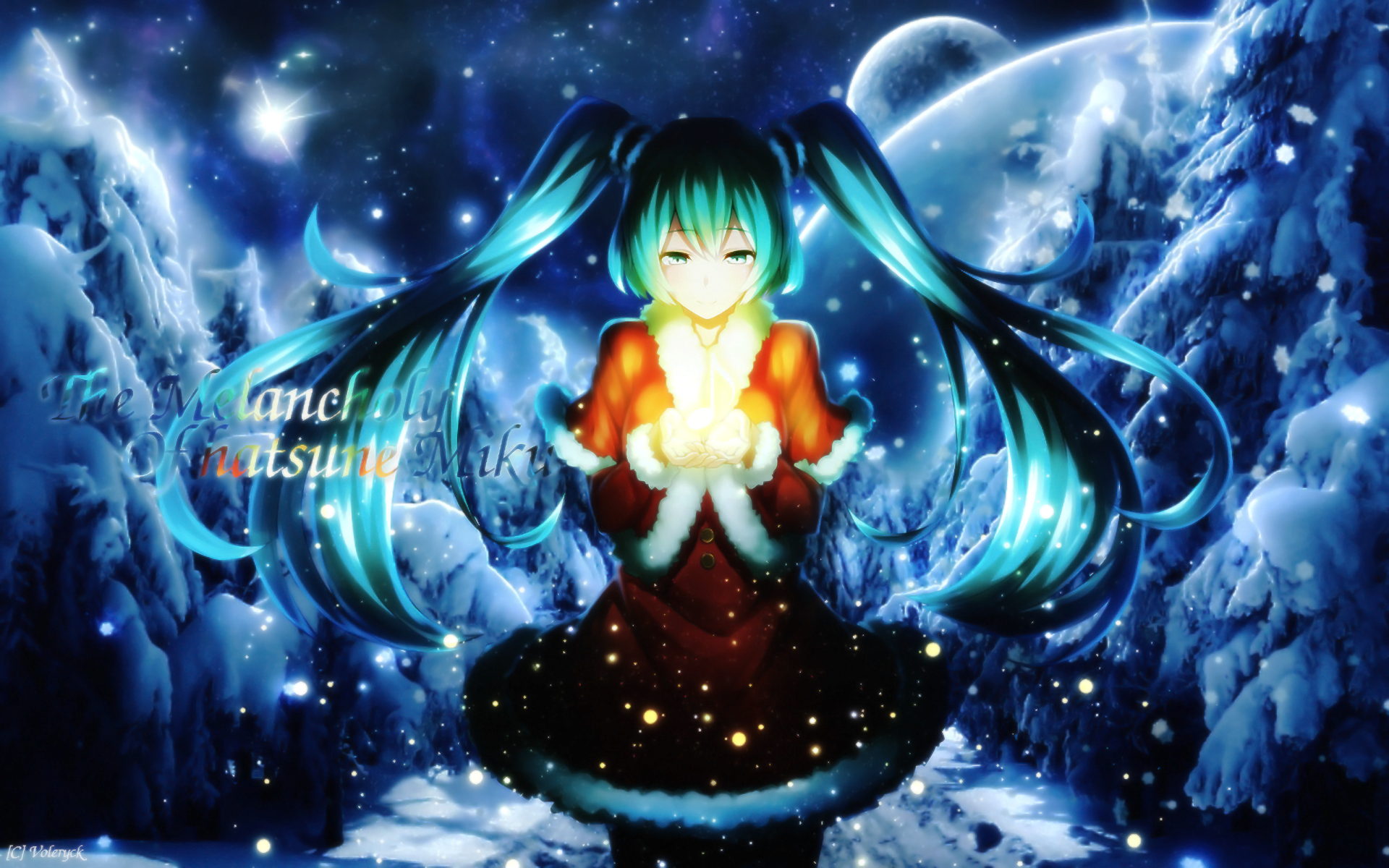 HD PC desktop wallpaper featuring Hatsune Miku from Vocaloid in a snowy anime scene, glowing warmly with a snowy forest and moonlit night sky in the background.