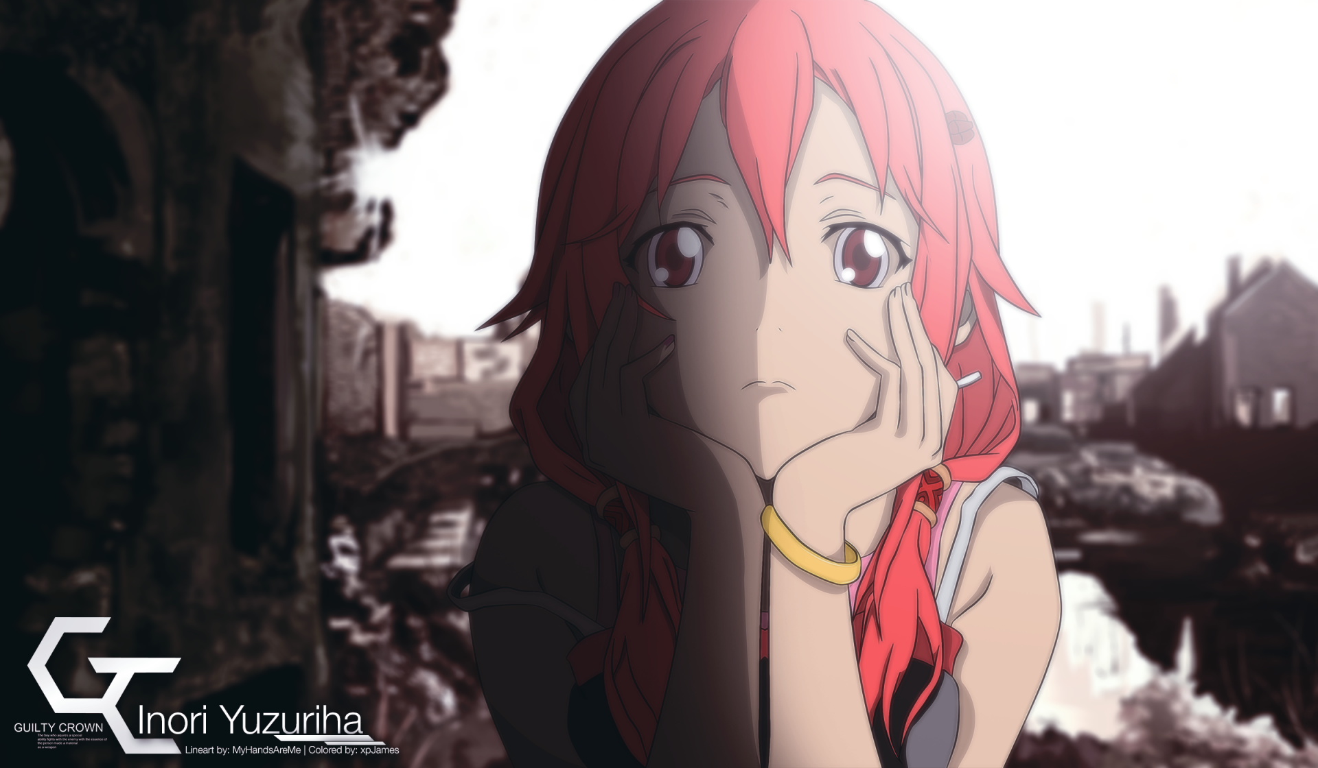 HD PC desktop wallpaper featuring Inori Yuzuriha from the anime Guilty Crown, with a detailed, dramatic background contrasting her vibrant red hair.
