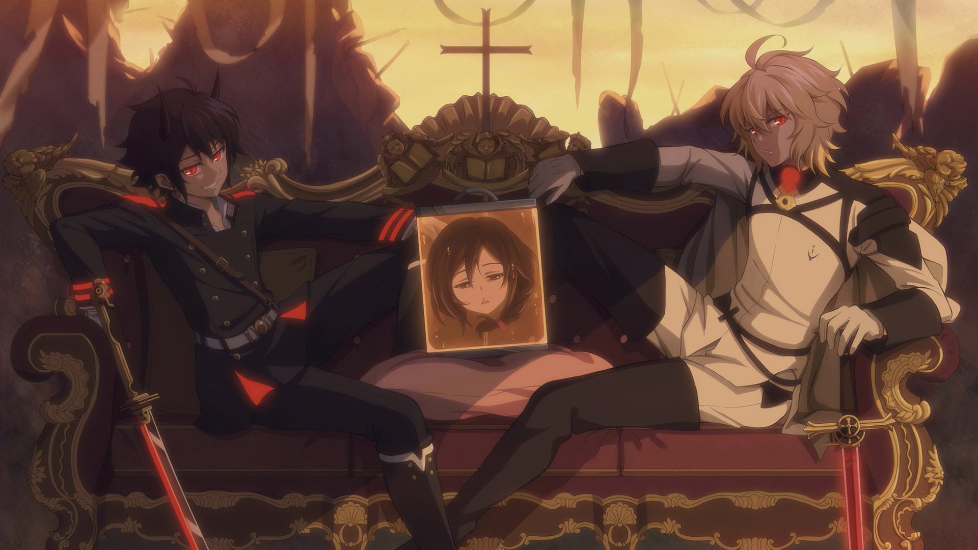 Anime-inspired HD wallpaper from Seraph of the End, featuring two characters lounging on an ornate throne with a portrait in between them, set against a dramatic background.