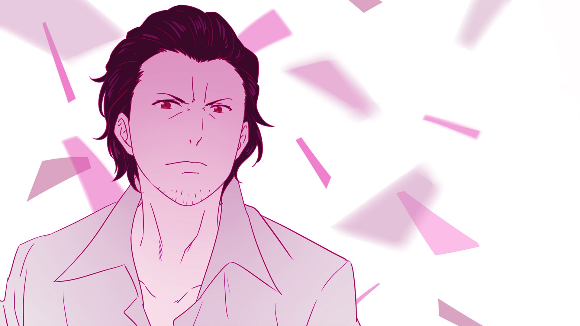 HD PC desktop wallpaper featuring Daikoku from the anime Noragami, showcasing a serious expression with a stylish pink and white geometric background.