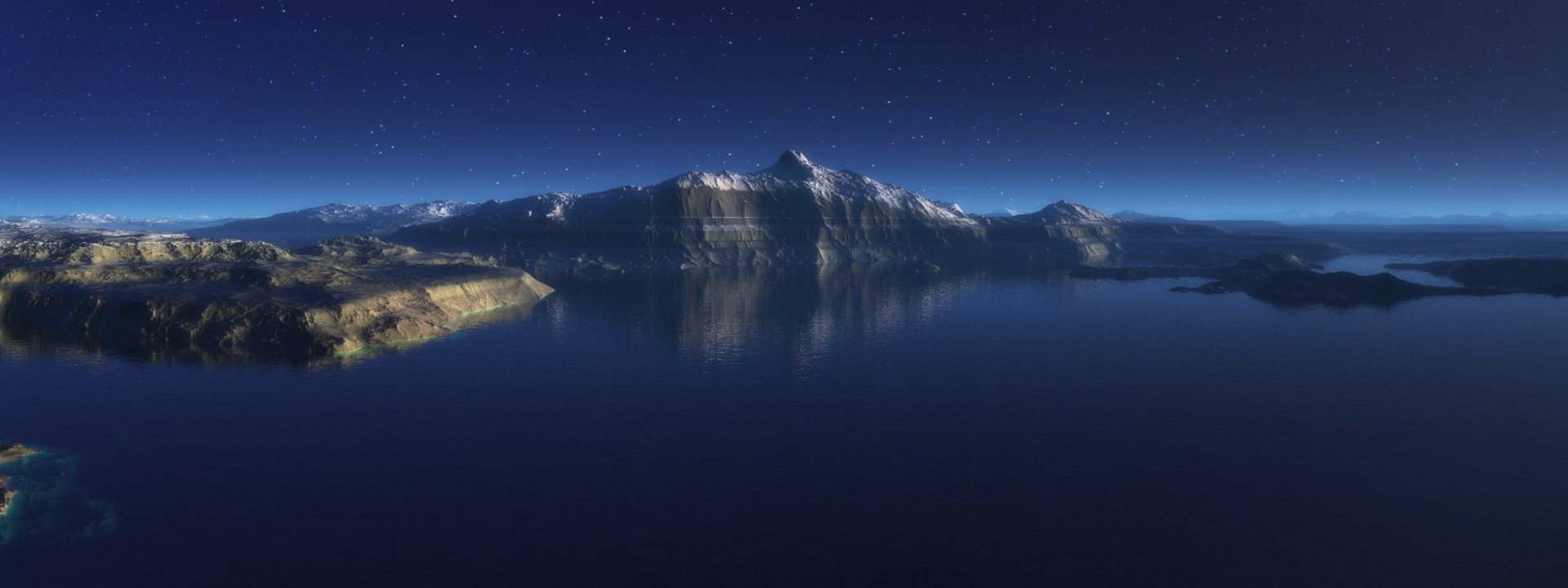 A serene lake reflects majestic mountains under a starlit sky, showcasing the beauty of nature in this vibrant HD desktop wallpaper.