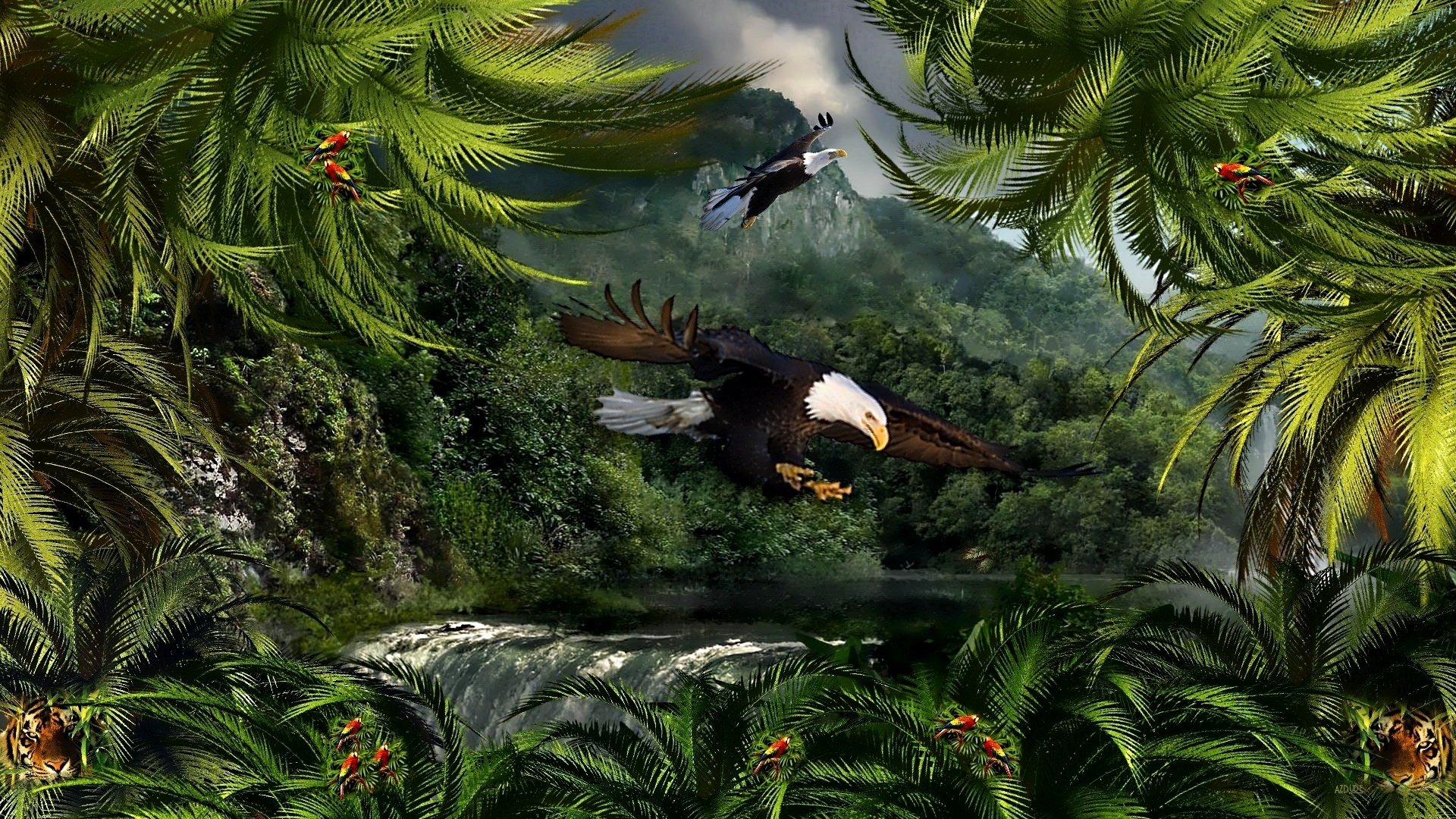 Eagles in Fantasy Rainforest HD Wallpaper | Background Image