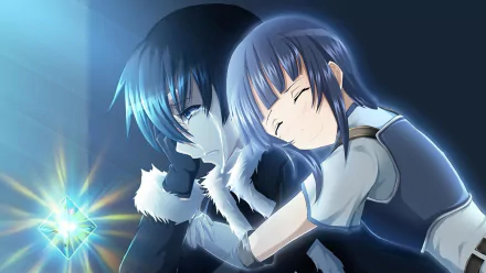 HD desktop wallpaper of Sachi and Kirito from the anime Sword Art Online, with Sachi smiling and hugging Kirito amidst a glowing light effect.
