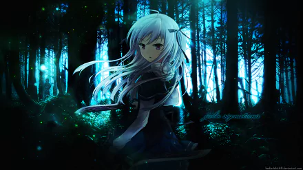 HD desktop wallpaper featuring Julie Sigtuna from Anime Absolute Duo, set against a mystical forest background, with the character looking back amidst a glowing, ethereal atmosphere.