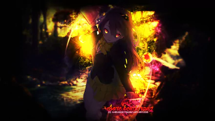 HD original anime desktop wallpaper featuring a mysterious glowing character with bright eyes against a dark, vibrant abstract background.
