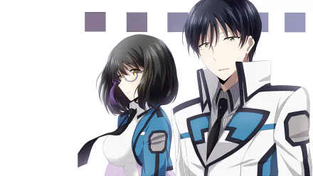 HD PC desktop wallpaper featuring Mikihiko Yoshida and Mizuki Shibata from the anime The Irregular at Magic High School, showcasing their distinct character designs.