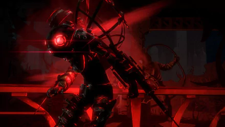 A dark, atmospheric HD wallpaper from the video game Bioshock 2, featuring a menacing character with glowing red eyes set against a shadowy background.