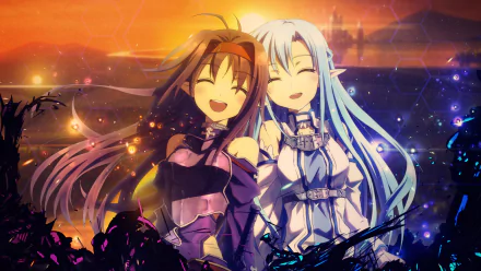 HD PC desktop wallpaper featuring anime characters Yuuki Konno and Asuna Yuuki from Sword Art Online II, glowing warmly against a vibrant sunset backdrop.