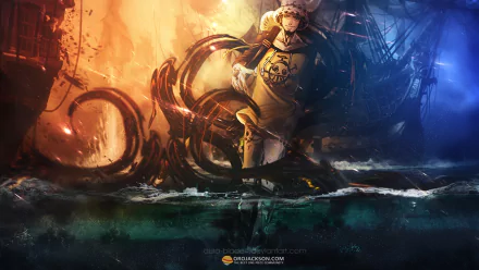 Trafalgar Law stands boldly amidst swirling tentacles in this vibrant HD desktop wallpaper from the anime One Piece, capturing the essence of adventure and mystery.