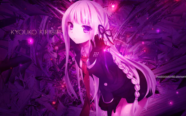 A vibrant HD wallpaper featuring Kyōko Kirigiri from the anime Danganronpa, set against a dynamic purple background that enhances her striking appearance.