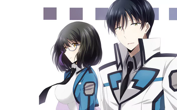 HD PC desktop wallpaper featuring Mikihiko Yoshida and Mizuki Shibata from the anime The Irregular at Magic High School, showcasing their distinct character designs.