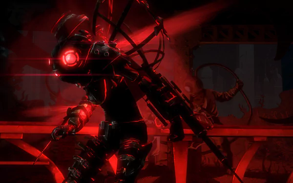 A dark, atmospheric HD wallpaper from the video game Bioshock 2, featuring a menacing character with glowing red eyes set against a shadowy background.