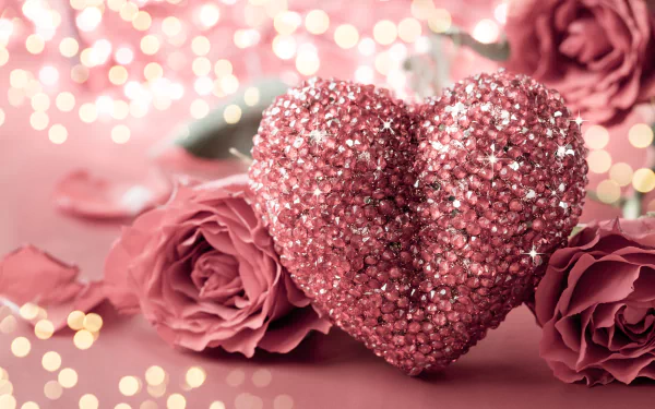 A glimmering pink heart encrusted with glitter shines amidst soft pink roses and sparkling lights, capturing the essence of romance for Valentine's Day.