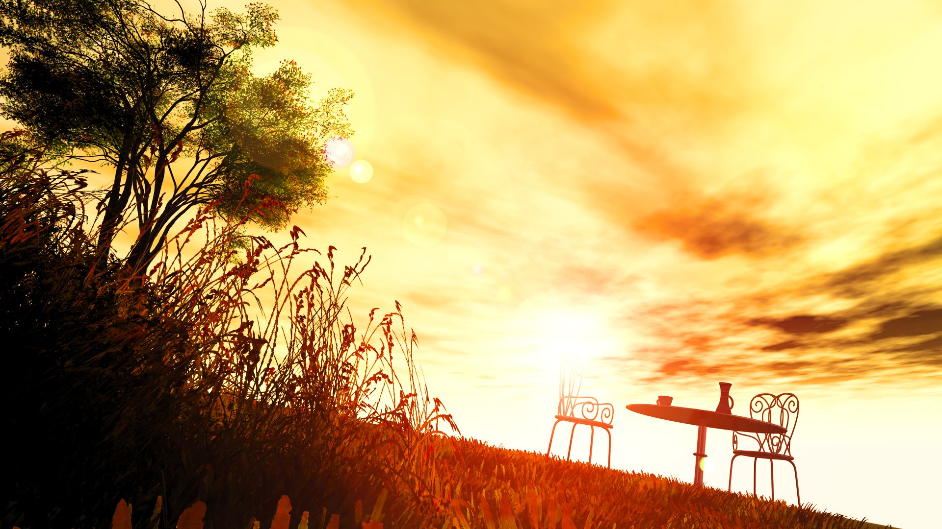 A serene anime-inspired landscape featuring a warm sunset, two chairs, and a table amidst tall grass, creating a tranquil and inviting atmosphere in HD. Original artwork for desktop wallpaper.