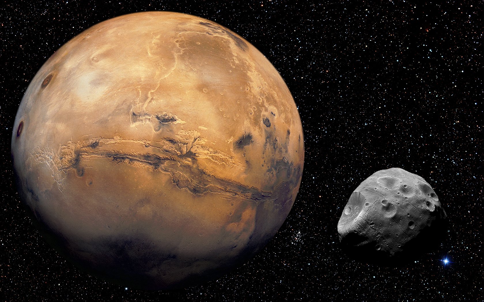 HD sci-fi desktop wallpaper featuring a detailed orange planet and a rocky asteroid set against a starry black space background.