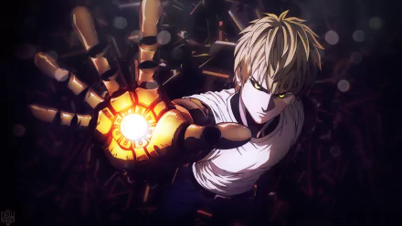 HD PC desktop wallpaper featuring Genos from the anime One-Punch Man, depicted with glowing mechanical hand and intense expression.