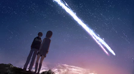 A serene HD desktop wallpaper featuring Taki Tachibana and Mitsuha Miyamizu from the anime Your Name, gazing up at a shooting star against a starry night sky.