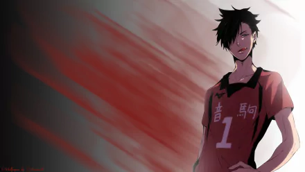 Anime-inspired HD wallpaper featuring a character from Haikyū!! in a red jersey, showcasing intense energy and determination against a dynamic background.