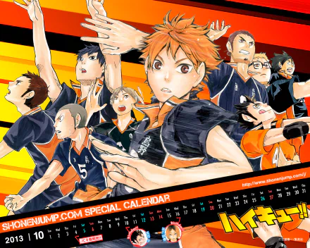 HD anime wallpaper featuring Shōyō Hinata and the Karasuno volleyball team from Haikyū!! in dynamic action poses against a vibrant background.