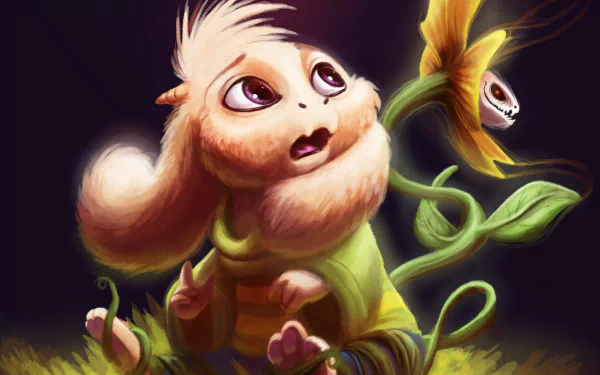 A vibrant HD wallpaper featuring Flowey and Asriel from Undertale, showcasing their whimsical designs against a colorful backdrop filled with playful details.