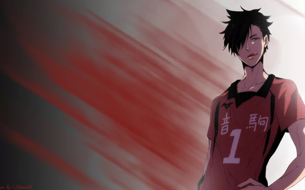 Anime-inspired HD wallpaper featuring a character from Haikyū!! in a red jersey, showcasing intense energy and determination against a dynamic background.