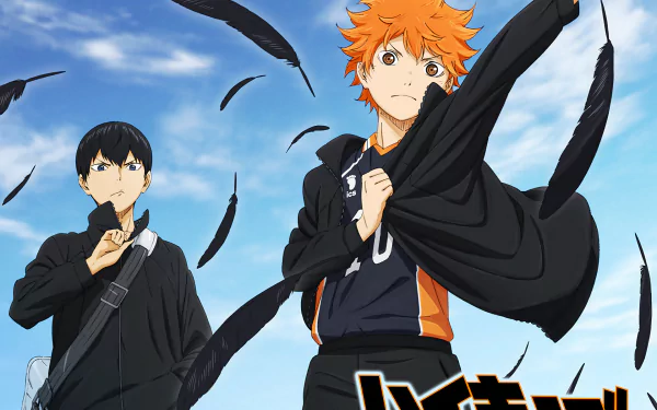 Anime desktop wallpaper featuring characters from Haikyū!! with vibrant orange and black outfits against a blue sky, surrounded by floating black feathers.