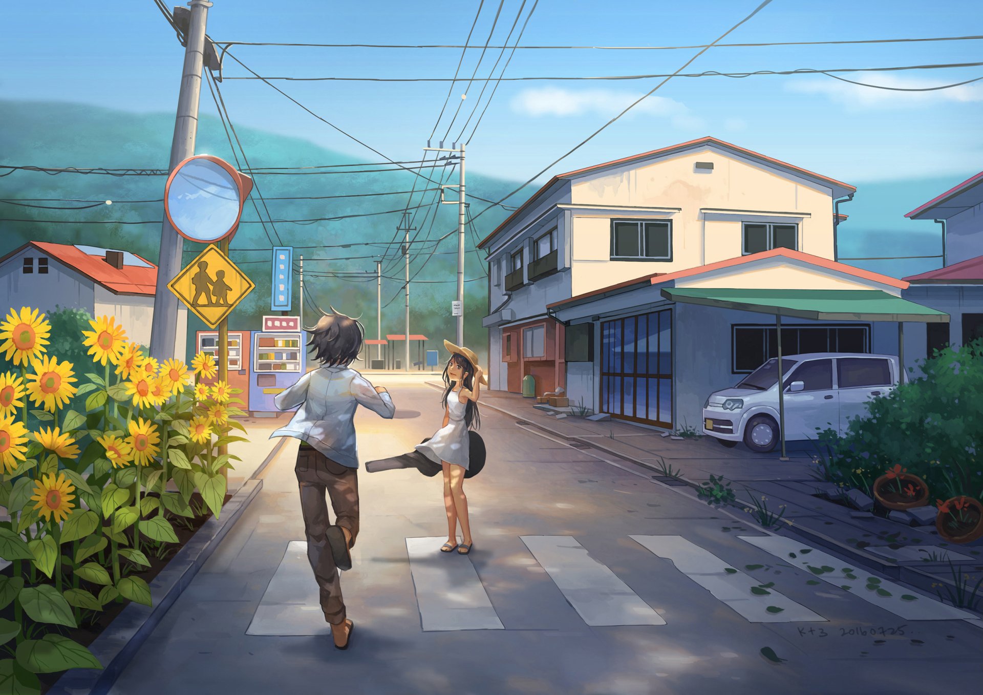 A vibrant anime scene depicting a boy and girl playfully crossing a street lined with sunflowers, set against a picturesque backdrop of houses and mountains. HD PC desktop wallpaper.