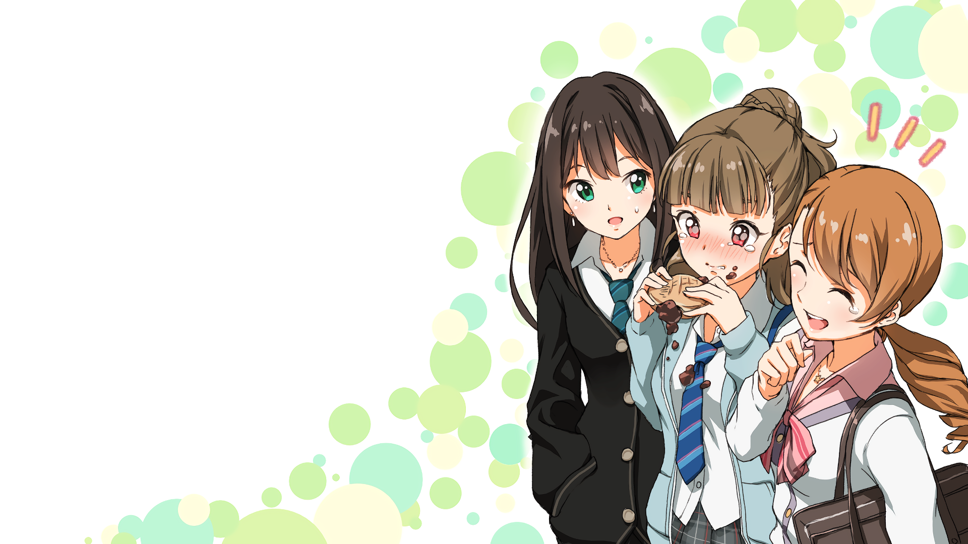 Anime HD PC desktop wallpaper of three The iDOLM@STER Cinderella Girls idols in school uniforms, smiling together against a pale green polka-dot background.