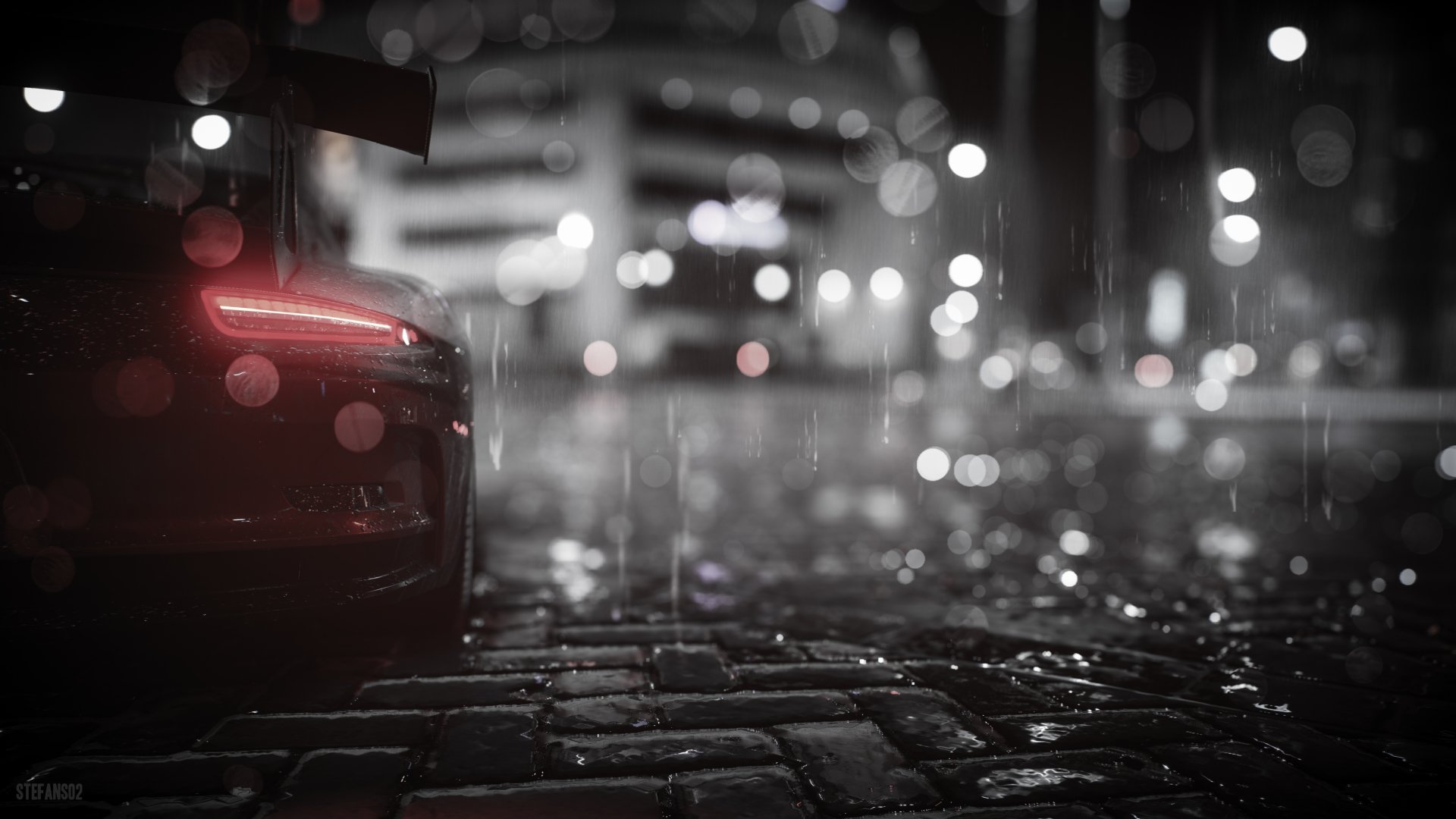 A Porsche 911 GT3 RS shines under rain-soaked city lights in a 4K Ultra HD wallpaper from the Need for Speed (2015) video game.
