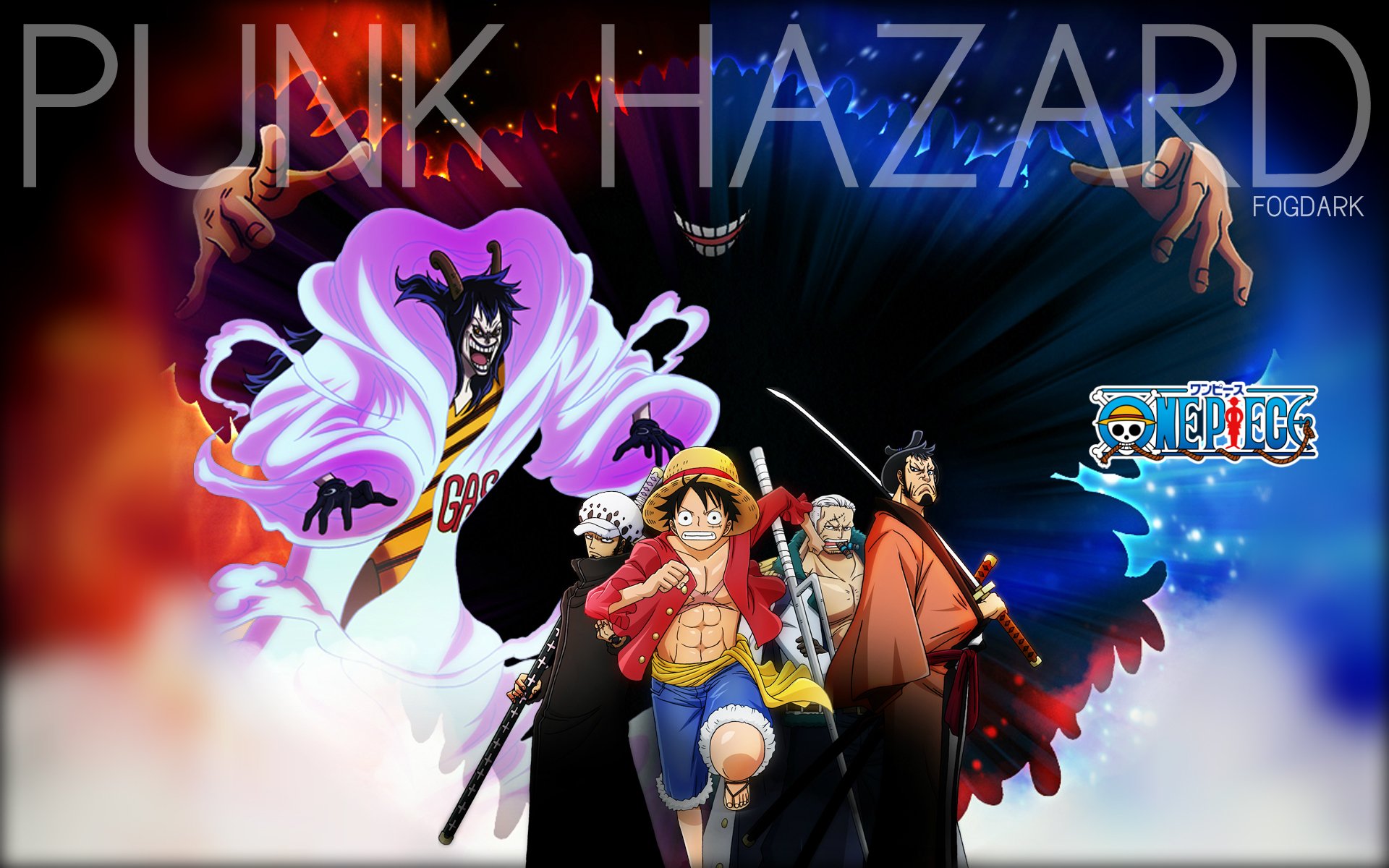 High-definition wallpaper featuring Trafalgar Law and Monkey D. Luffy from the anime One Piece, set against a dramatic backdrop inspired by the Punk Hazard arc.