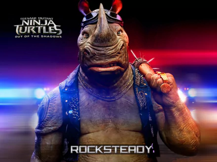 Rocksteady from Teenage Mutant Ninja Turtles: Out of the Shadows — armored rhinoceros mutant holding a spiked weapon, cinematic movie poster-style 2K Quad HD PC desktop wallpaper/background.