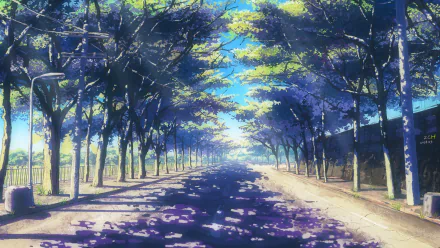 A high-definition anime-style wallpaper depicting a road lined with tall, leafy trees. Sunlight filters through the branches, illuminating the path with dappled light.