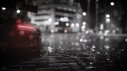 A Porsche 911 GT3 RS shines under rain-soaked city lights in a 4K Ultra HD wallpaper from the Need for Speed (2015) video game.