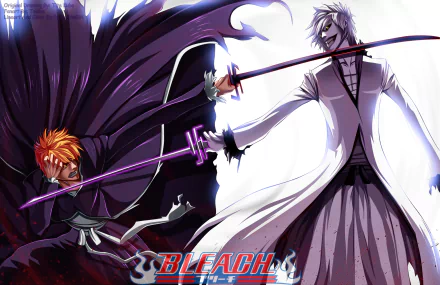 A dynamic HD wallpaper featuring Ichigo Kurosaki from the anime Bleach, showcasing an intense standoff with swords drawn, capturing the vibrant art style and action-packed spirit of the series.