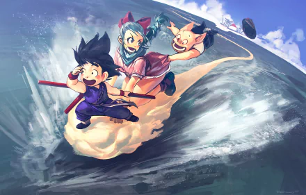 Goku, Bulma, and Oolong joyfully ride the Flying Nimbus in this vibrant HD Dragon Ball wallpaper, capturing the excitement and adventure of the beloved anime.