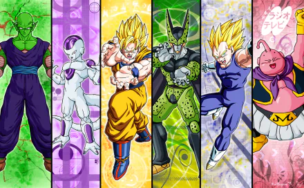HD desktop wallpaper featuring characters from Dragon Ball Z: Piccolo, Frieza, Goku, Cell, Vegeta, and Majin Buu, each depicted in vibrant colors within their own panel.