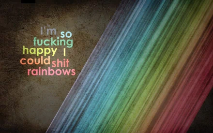 HD desktop wallpaper featuring a colorful rainbow and humorous text that reads, I'm so fucking happy I could shit rainbows, against a textured background.