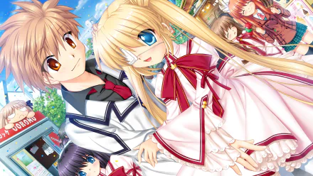 Anime 'Rewrite' HD PC desktop wallpaper: blonde girl with eyepatch in a frilly white-and-red dress beside a brown-haired boy in a school uniform, friends and bright city street background.