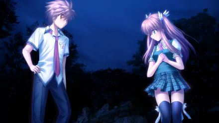 HD PC desktop wallpaper featuring anime characters from Rewrite, showcasing a boy and girl standing outdoors under a night sky with vivid, detailed artwork.
