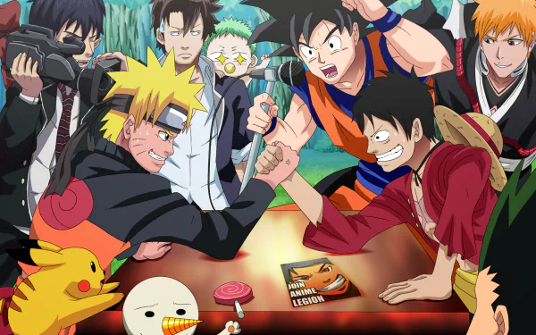 HD anime crossover desktop wallpaper featuring characters from various series arm wrestling. Surrounding characters cheer and interact, adding vibrant energy to the scene.