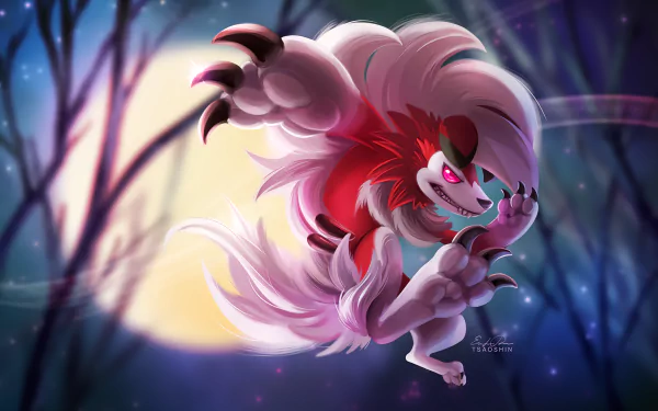HD desktop wallpaper featuring Lycanroc from Pokémon: Sun and Moon, set against a moonlit background with trees.
