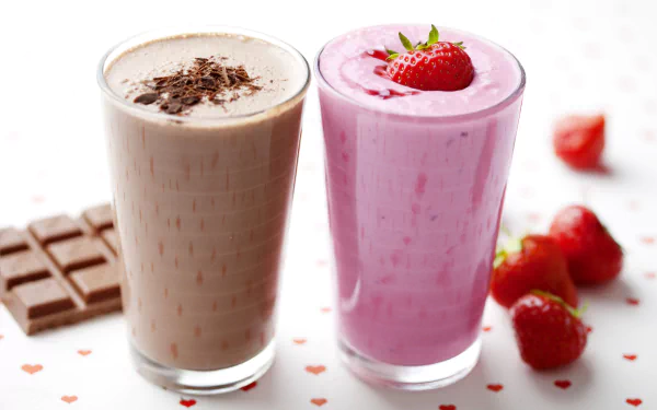 Two glass milkshakes, one chocolate and one strawberry topped with a fresh strawberry, sit on a white surface with scattered strawberries and chocolate pieces.
