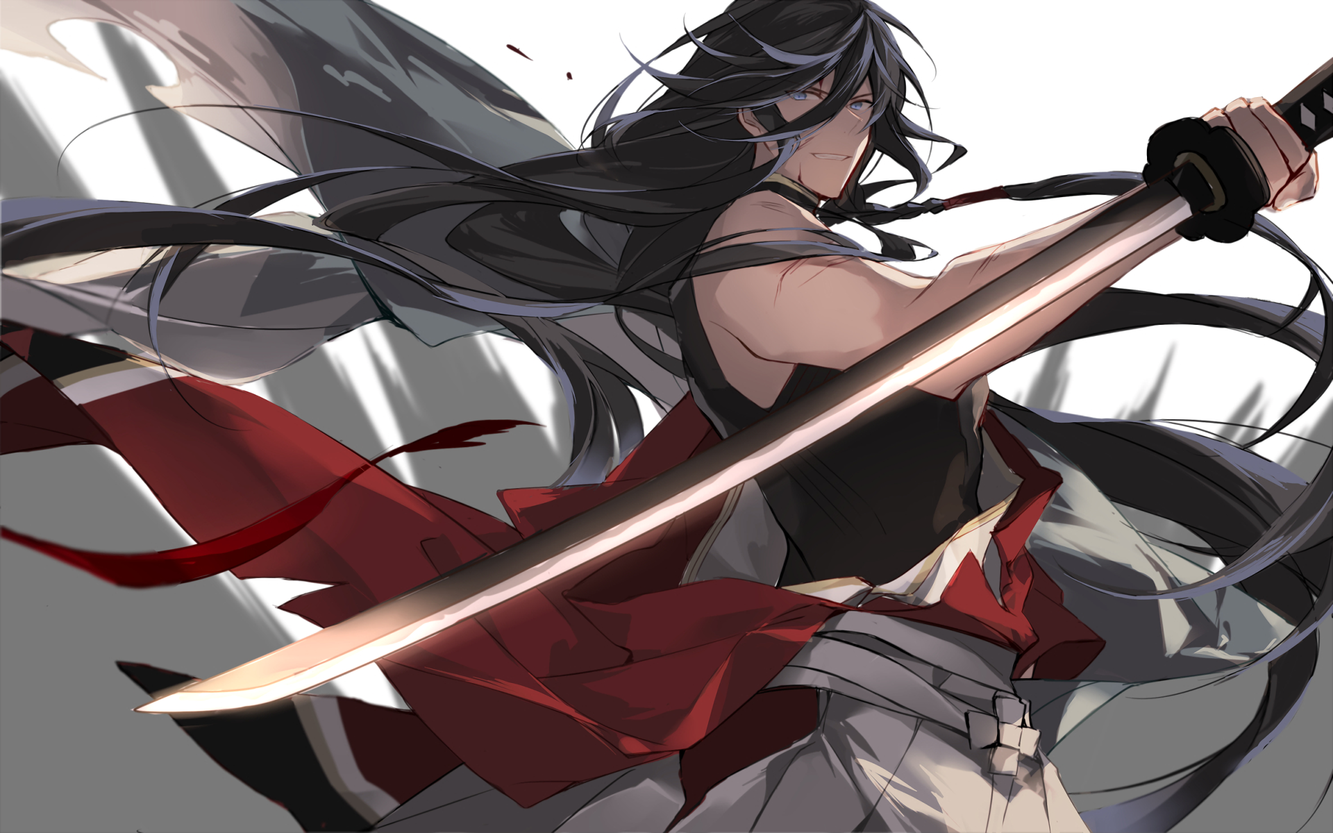 Anime HD PC desktop wallpaper featuring a dynamic Touken Ranbu character wielding a glowing sword with flowing black hair and red accents.