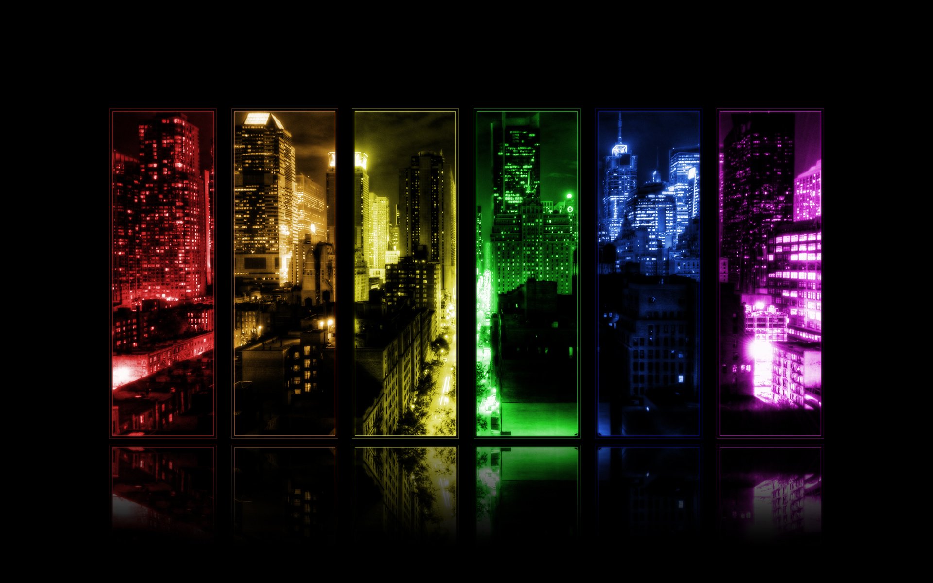 A vibrant HD desktop wallpaper featuring a cityscape divided into colorful panels, capturing a dynamic urban scene illuminated by city lights at night.