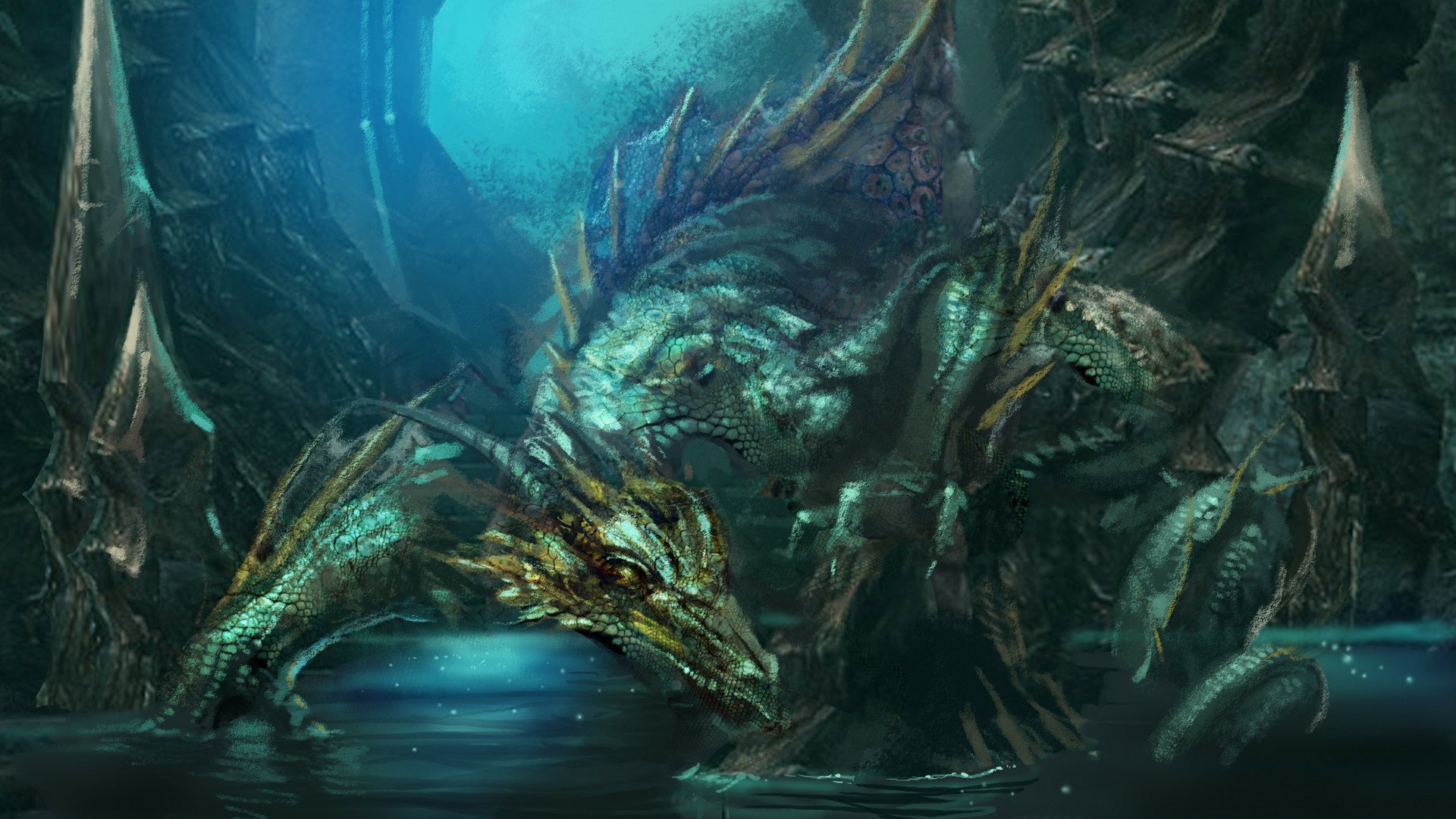 HD PC desktop wallpaper featuring a detailed dragon emerging from water in a dark, mystical cave, inspired by the video game Runes of Magic.