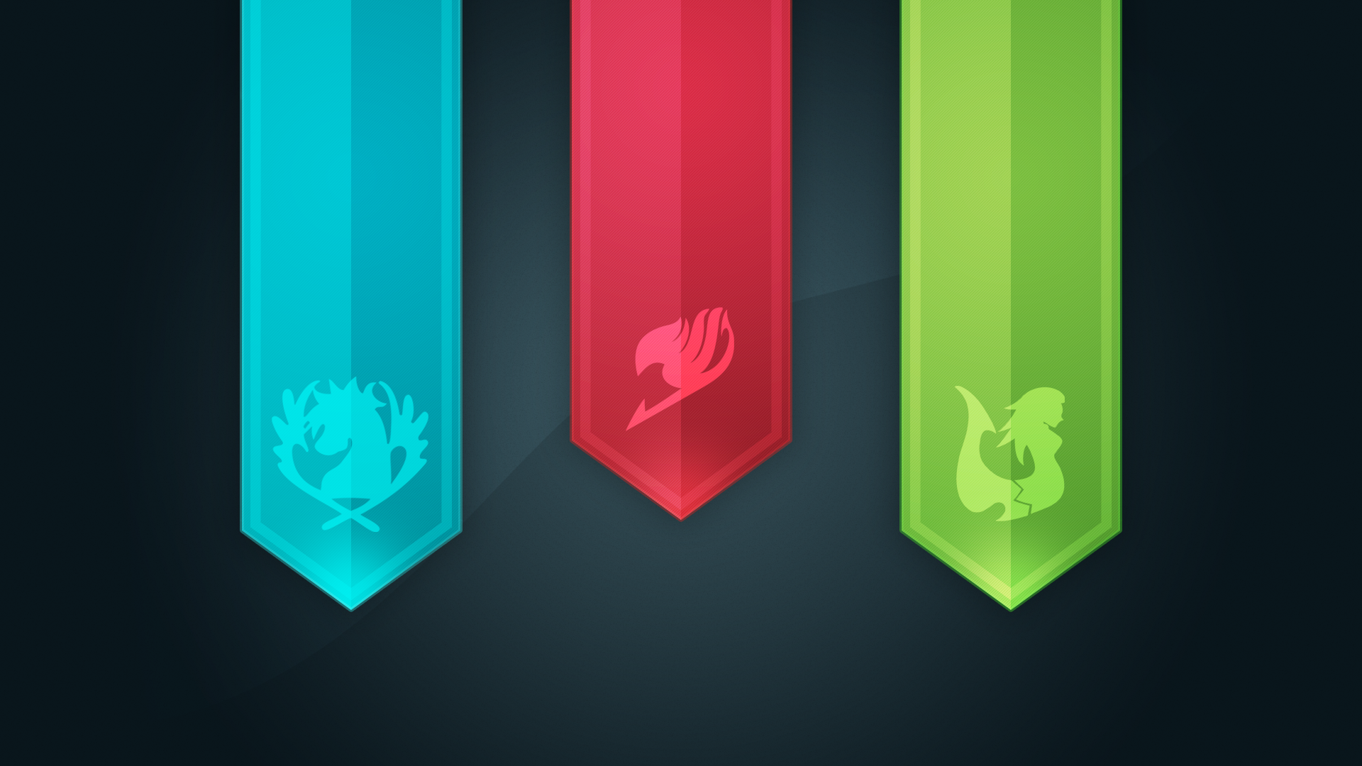 HD PC desktop wallpaper featuring minimalist banners in blue, red, and green with emblematic Fairy Tail anime guild symbols.