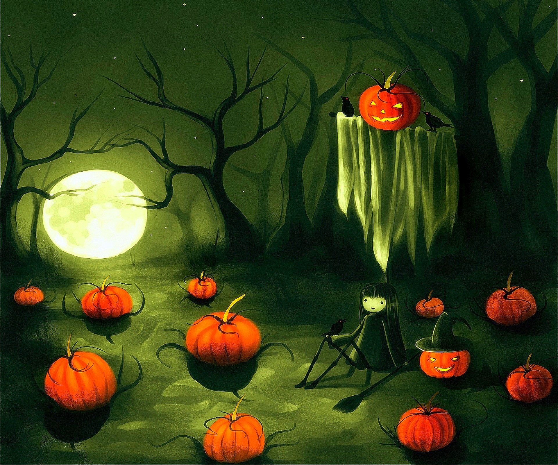 HD Halloween desktop wallpaper showing a little girl dressed as a witch sitting among glowing pumpkins under a full moon and eerie tree branches.