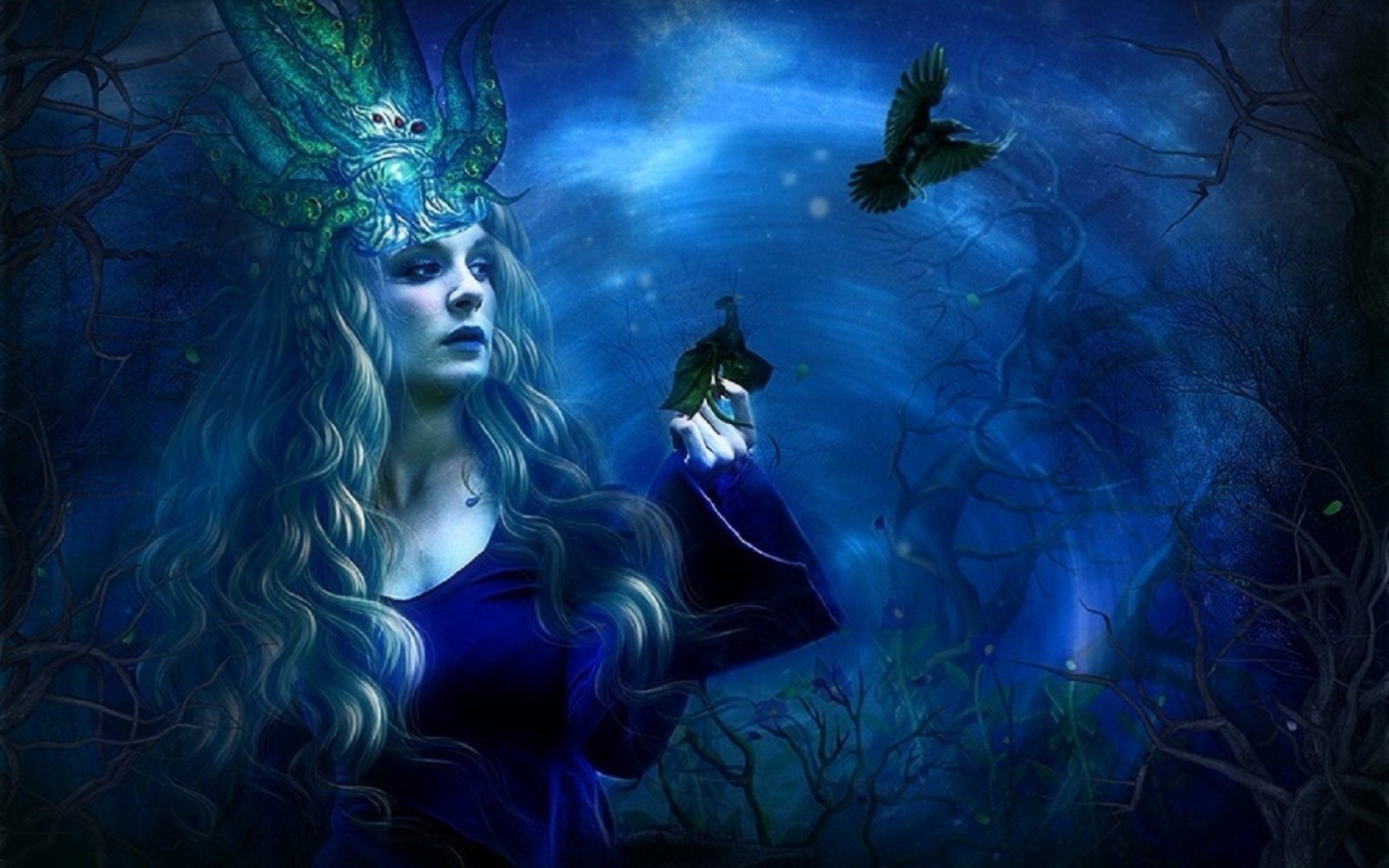 Download Blue Night Forest Bird Blonde Fantasy Woman Wallpaper 