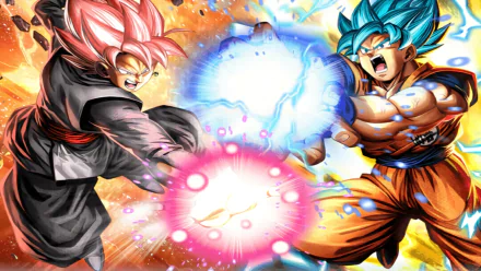 A dynamic HD wallpaper featuring Goku in Super Saiyan Blue form clashing with Black Goku in Super Saiyan Rosé form from Dragon Ball Super, emitting powerful energy blasts against a vibrant background.